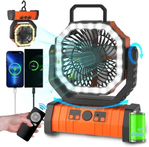 ADUST Camping Battery Operated Powered Fan with LED Lantern Light 20000mAh Rechargeable Portable Oscillating Fan with 360 Rotation Hanging Hook for Tents, Cordless USB Desk Fan(Orange) 360-degree rotating fan for home use
