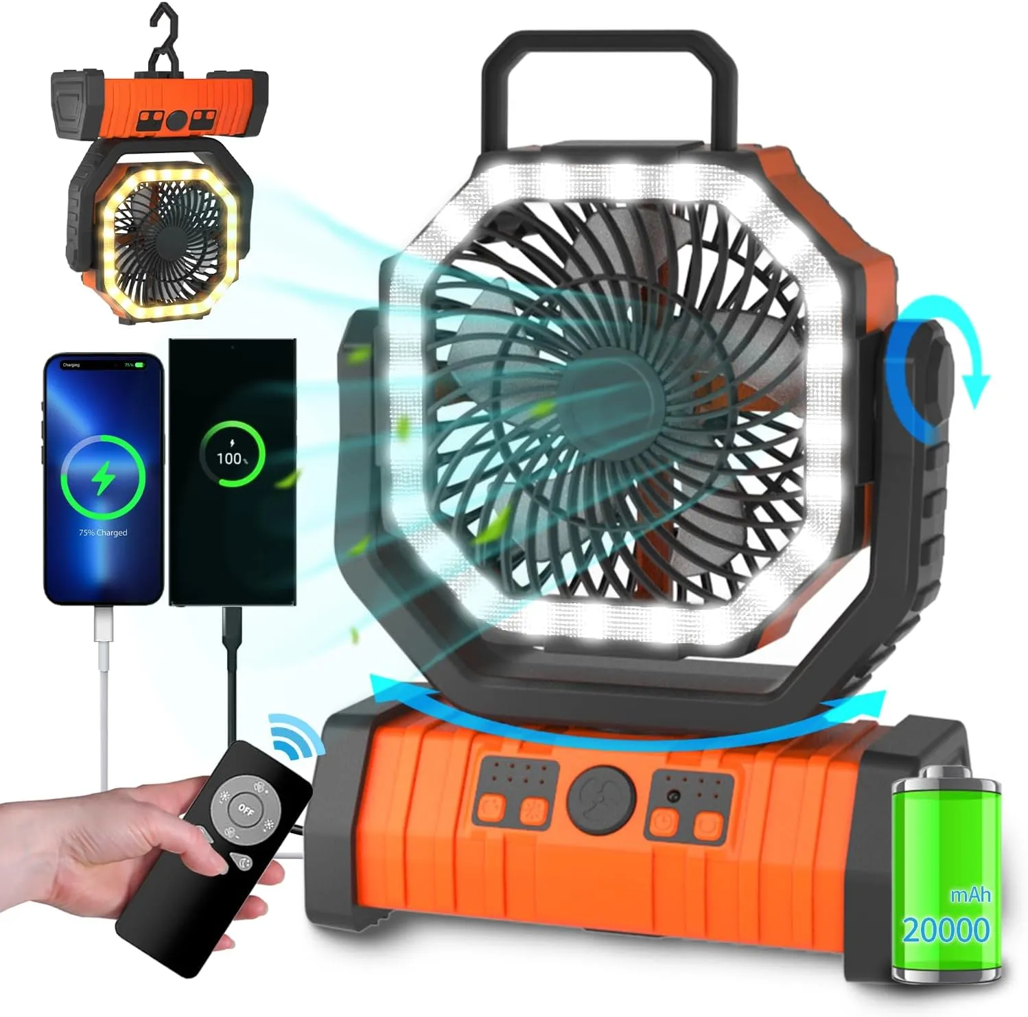 ADUST Camping Battery Operated Powered Fan with LED Lantern Light 20000mAh Rechargeable Portable Oscillating Fan with 360 Rotation Hanging Hook for Tents, Cordless USB Desk Fan(Orange) 360-degree rotating fan for home use