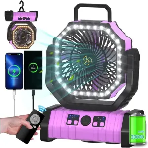 ADUST Camping Battery Operated Powered Fan with LED Lantern Light Portable 20000mAh Rechargeable Oscillating Fan with 360 Rotation Hanging Hook for Tents, Cordless USB Desk Fan(Pink) 360-degree rotating fan for home use