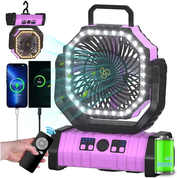 ADUST Camping Battery Operated Powered Fan with LED Lantern Light Portable 20000mAh Rechargeable Oscillating Fan with 360 Rotation Hanging Hook for Tents, Cordless USB Desk Fan(Pink) 360-degree rotating fan for home use