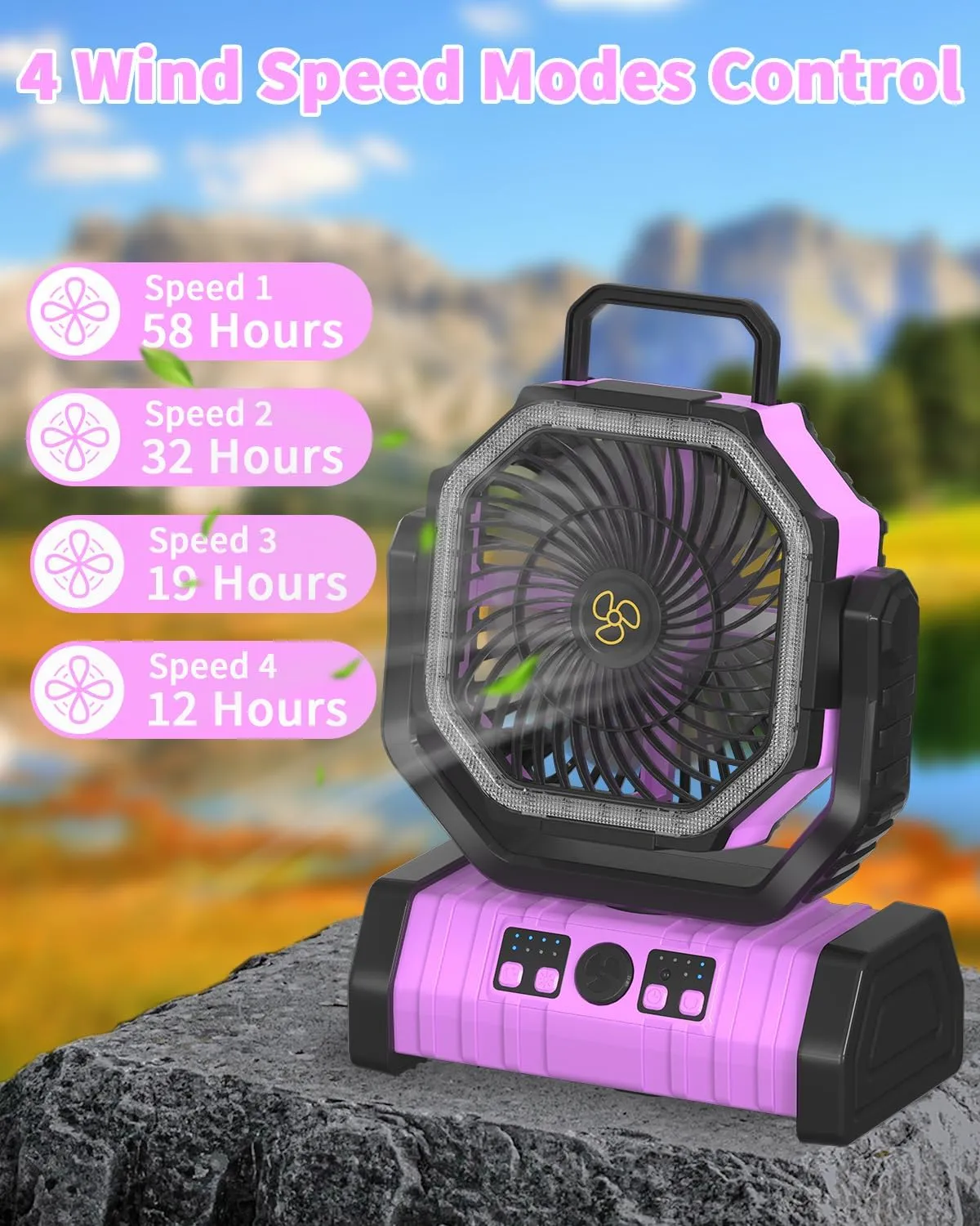 ADUST Camping Battery Operated Powered Fan with LED Lantern Light Portable 20000mAh Rechargeable Oscillating Fan with 360 Rotation Hanging Hook for Tents, Cordless USB Desk Fan(Pink)