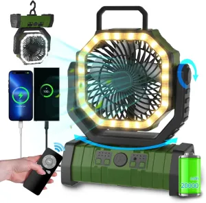 ADUST Camping Battery Powered Fan with LED Light 20000mAh Rechargeable Portable, Oscillating Cordless USB Desk Fan with Rotation Hanging Hook for Tent, Canopy, Beach, Outdoor Travel(Green) 360-degree rotating fan for home use