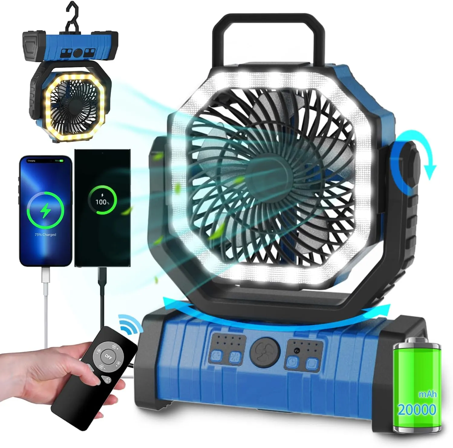 ADUST Camping Fan Battery Operated Powered Fan with LED Lantern Light 20000mAh Rechargeable Portable Oscillating, 360 Rotation Hanging Hook for Tents, Cordless USB Desk Fan(Blue) 360-degree rotating fan for home use