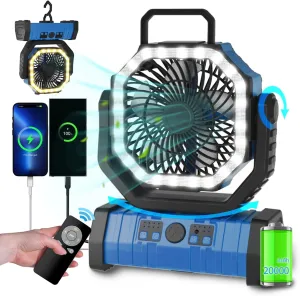 ADUST Camping Fan Battery Operated Powered Fan with LED Lantern Light 20000mAh Rechargeable Portable Oscillating, 360 Rotation Hanging Hook for Tents, Cordless USB Desk Fan(Blue) 360-degree rotating fan for home use