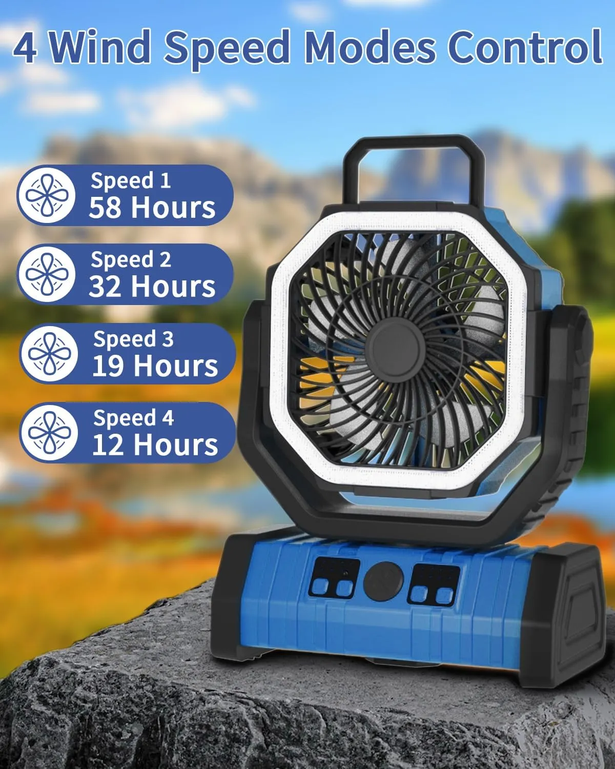 ADUST Camping Fan Battery Operated Powered Fan with LED Lantern Light 20000mAh Rechargeable Portable Oscillating, 360 Rotation Hanging Hook for Tents, Cordless USB Desk Fan(Blue)