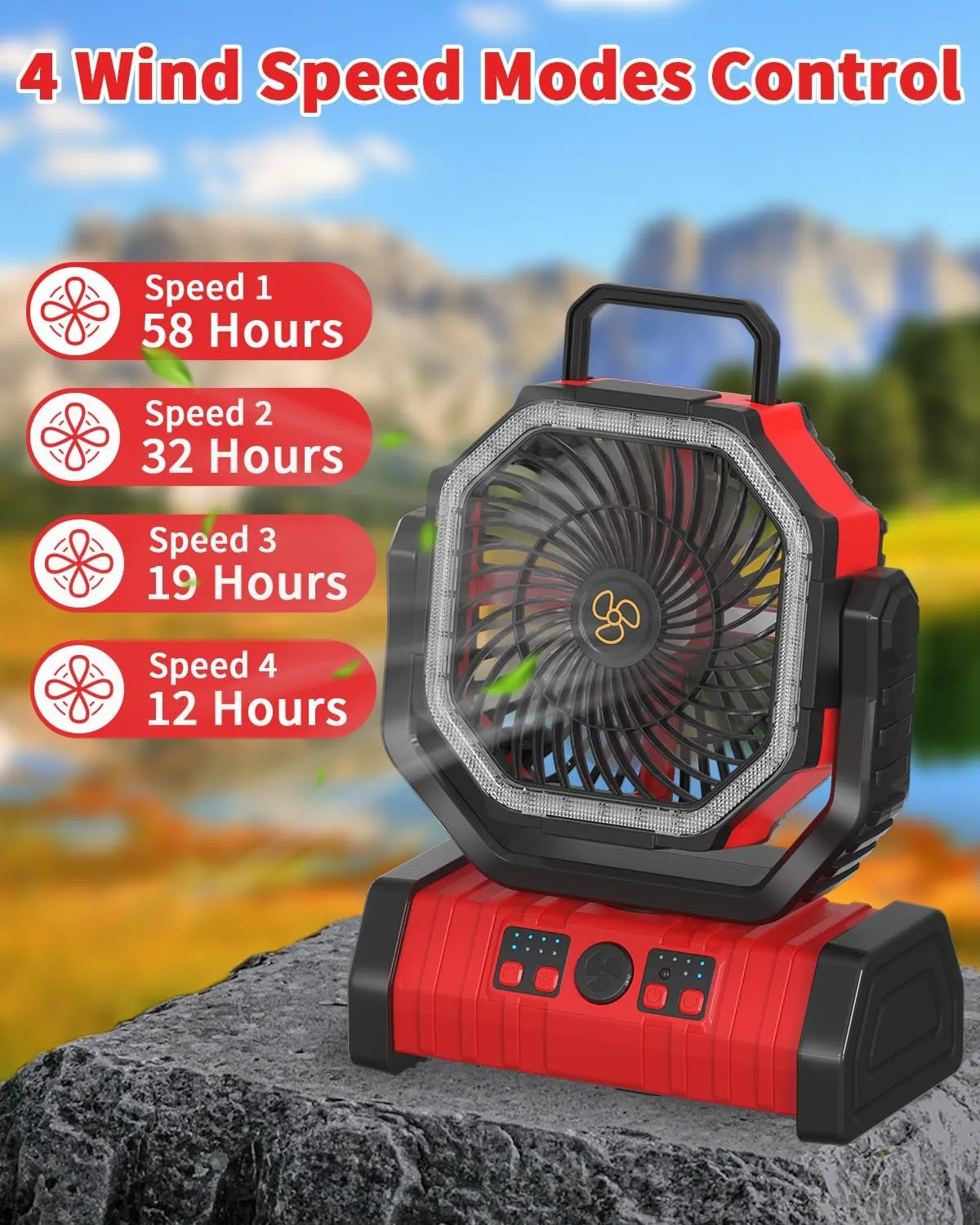 ADUST Camping Portable Battery Operated Powered Fan with LED Lantern Light 20000mAh Rechargeable, Oscillating Fan with 360 Rotation Hanging Hook for Tents, Cordless USB Desk Fan(Red)