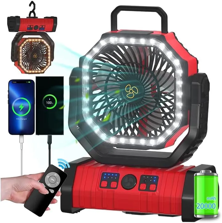 ADUST Camping Portable Battery Operated Powered Fan with LED Lantern Light 20000mAh Rechargeable, Oscillating Fan with 360 Rotation Hanging Hook for Tents, Cordless USB Desk Fan(Red) 360-degree rotating fan for home use