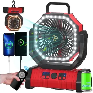 ADUST Camping Portable Battery Operated Powered Fan with LED Lantern Light 20000mAh Rechargeable, Oscillating Fan with 360 Rotation Hanging Hook for Tents, Cordless USB Desk Fan(Red) 360-degree rotating fan for home use