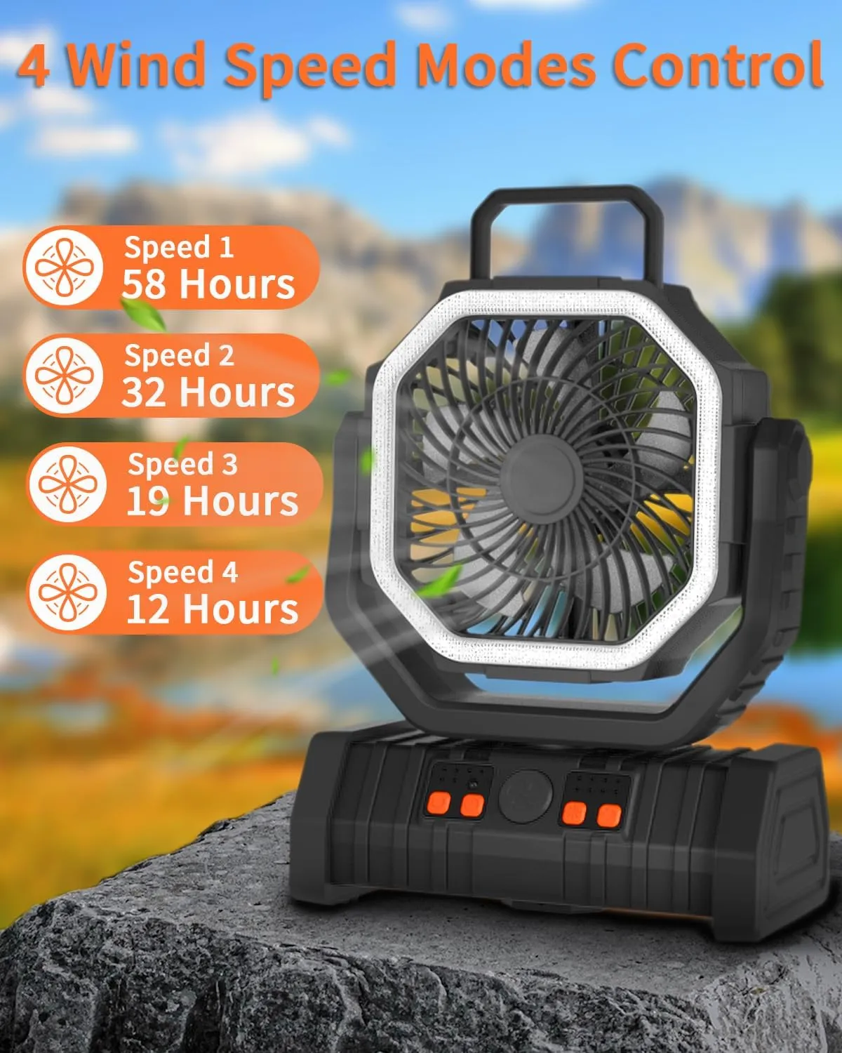 ADUST Portable Camping Fan Battery Powered Operated with LED Light 20000mAh Rechargeable Oscillating Fan with 360 Rotation Hanging Hook for Tents, USB Desk Fan for Bedroom, Office (Black)