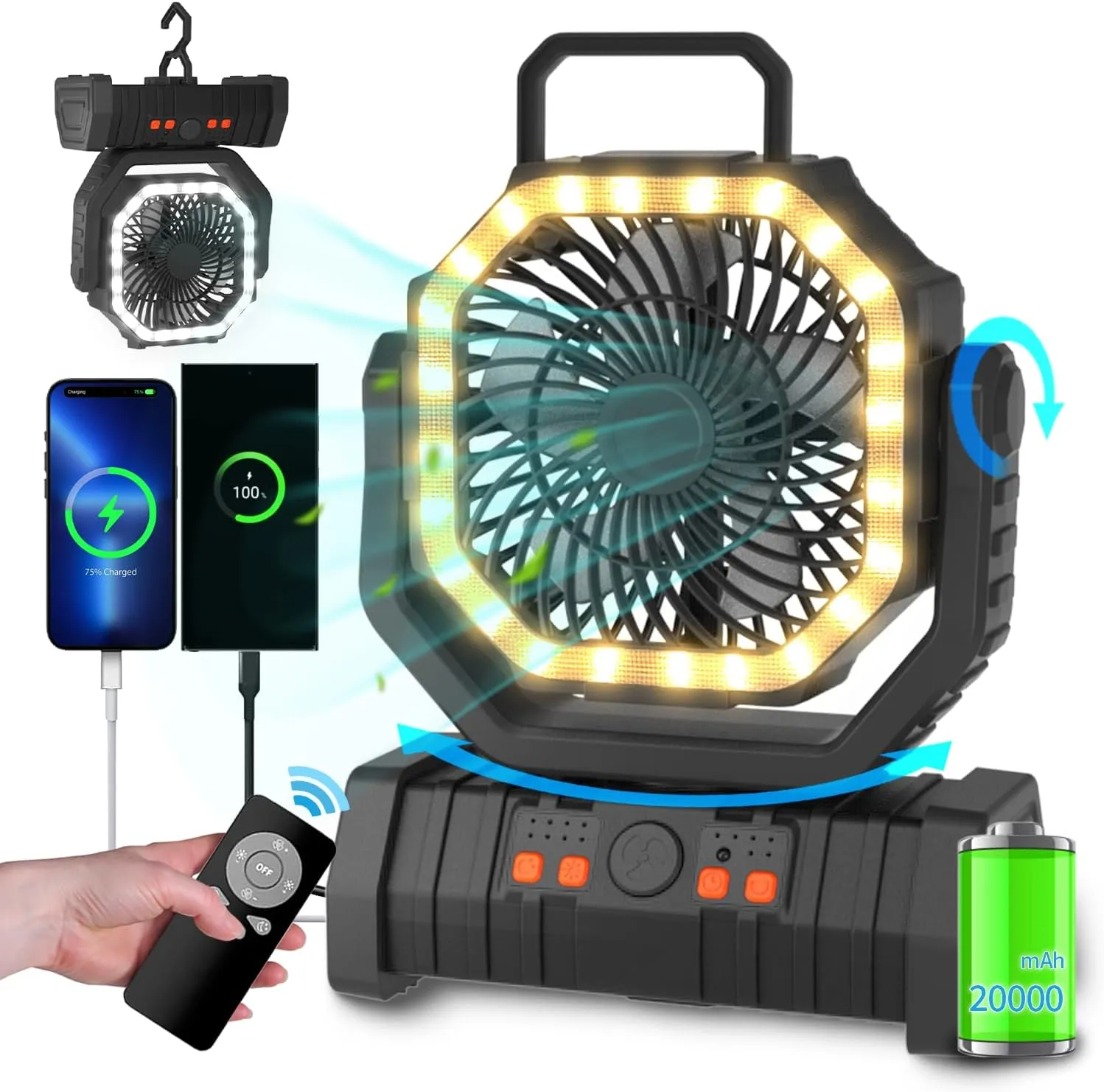 ADUST Portable Camping Fan Battery Powered Operated with LED Light 20000mAh Rechargeable Oscillating Fan with 360 Rotation Hanging Hook for Tents, USB Desk Fan for Bedroom, Office (Black) 360-degree rotating fan for home use