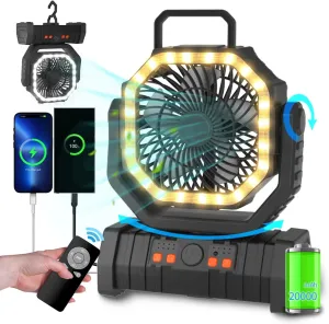 ADUST Portable Camping Fan Battery Powered Operated with LED Light 20000mAh Rechargeable Oscillating Fan with 360 Rotation Hanging Hook for Tents, USB Desk Fan for Bedroom, Office (Black) 360-degree rotating fan for home use