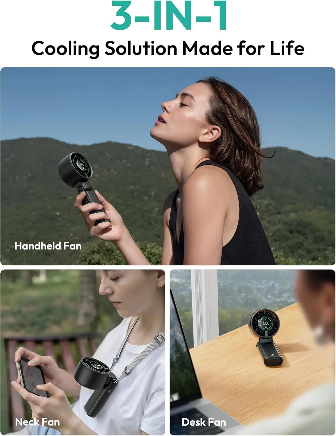 Aecooly 3 IN 1 Portable Fan, Turbo Handheld Fan, USB Rechargeable Mini Personal [22H Max Cooling Time], Battery Powered Small Foldable Pocket for Travel, Summer, Gifts for Women, Girls -Black