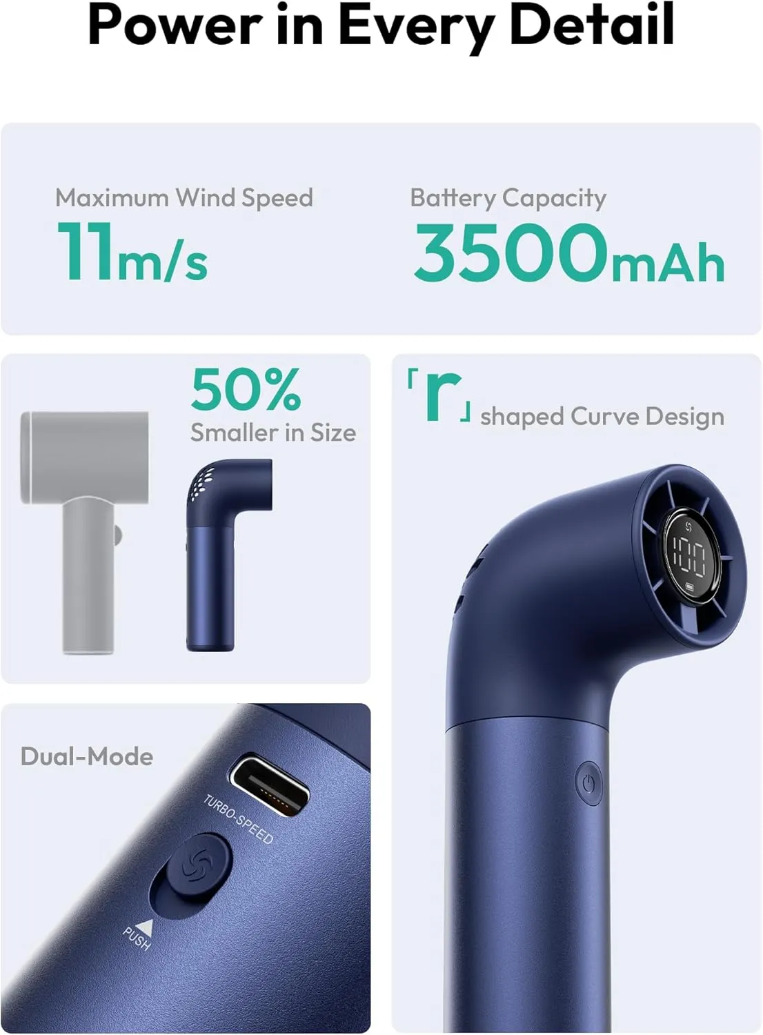 Aecooly Portable Handheld Fan, Powerful Turbo Air Tube Fan, 19000 RPM High Speed Aero Pro, 15H Max Cooling Time, 6 Speeds Aluminum Case, Mini Pocket Design, for Travel Beach Outdoor Activities -Blue