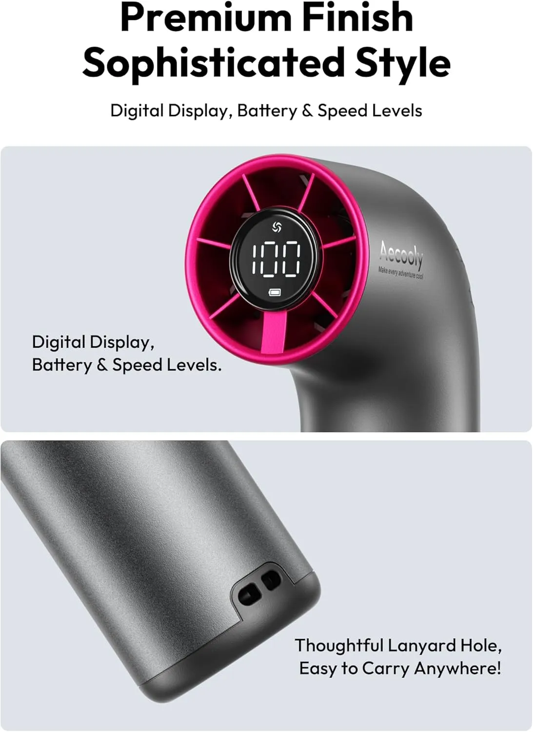 Aecooly Portable Handheld Fan, Powerful Turbo Air Tube Fan, 19000 RPM High Speed Aero Ultra, 15H Max Cooling Time, 7 Speeds Aluminum Case, Mini Pocket Design, for Travel Beach Outdoor Activities -Grey