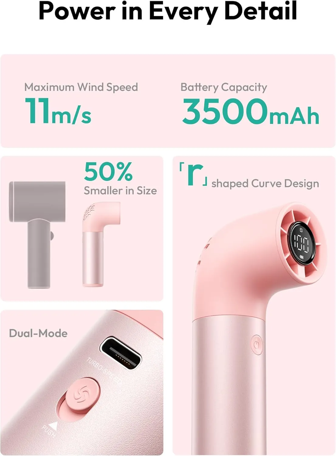 Aecooly Portable Handheld Fan, Powerful Turbo Mini Fan, 19000 RPM High Speed Aero Pro, 15H Max Cooling Time, 6 Speeds Aluminum Case, Pocket Rechargeable Personal Small Travel GIfts for Women Men -Pink