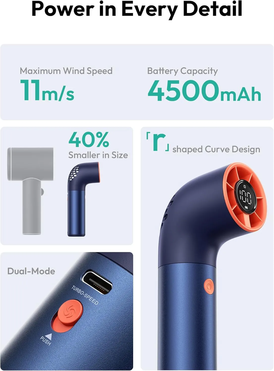 Aecooly Portable Handheld Fan, Powerful Turbo Mini Fan, 19000 RPM High Speed Aero Ultra, 15H Max Cooling Time, 7 Speeds Aluminum Case, Pocket Rechargeable Personal Small Travel GIfts for Women -Blue