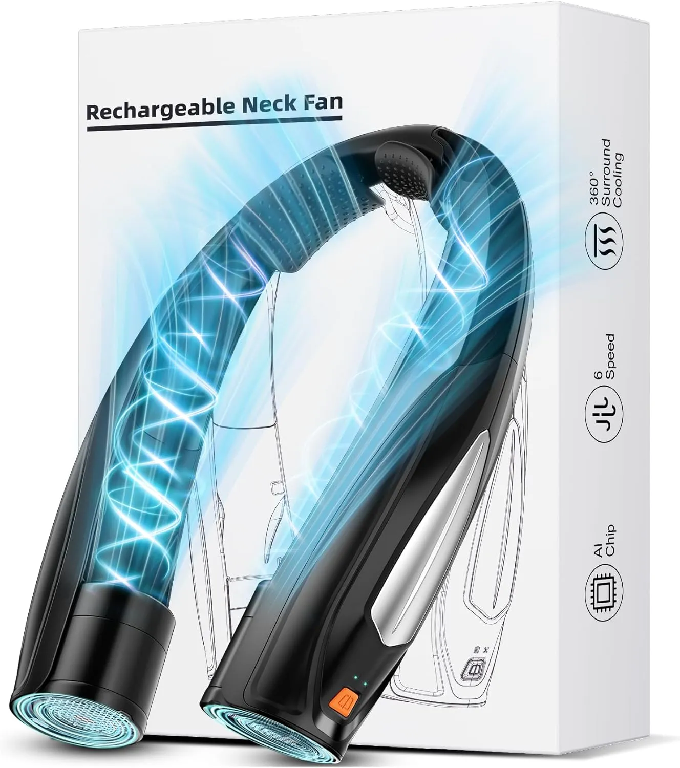 AI Neck Fan, 6 Speeds Adjustable Portable Personal Fan Rechargeable, 6000 mAh Battery Faster Cooling Wearable Fan, Ultra Quiet for Home, Office, Travel, Outdoor Neck fan for hands-free comfort