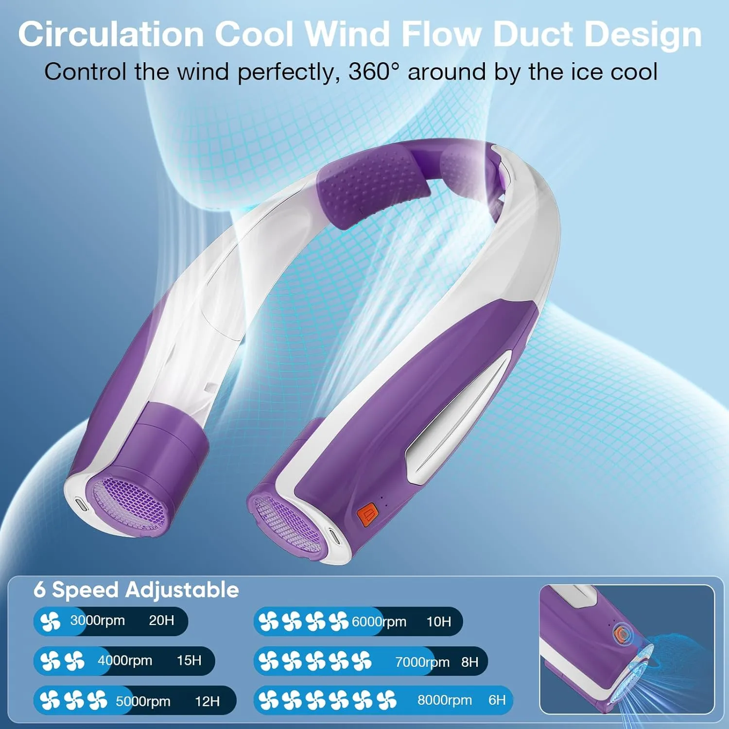 AI Neck Fan, 6 Speeds Adjustable Portable Personal Fan Rechargeable, 6000 mAh Battery Faster Cooling Wearable, Ultra Quiet for Home, Office, Travel, Outdoor