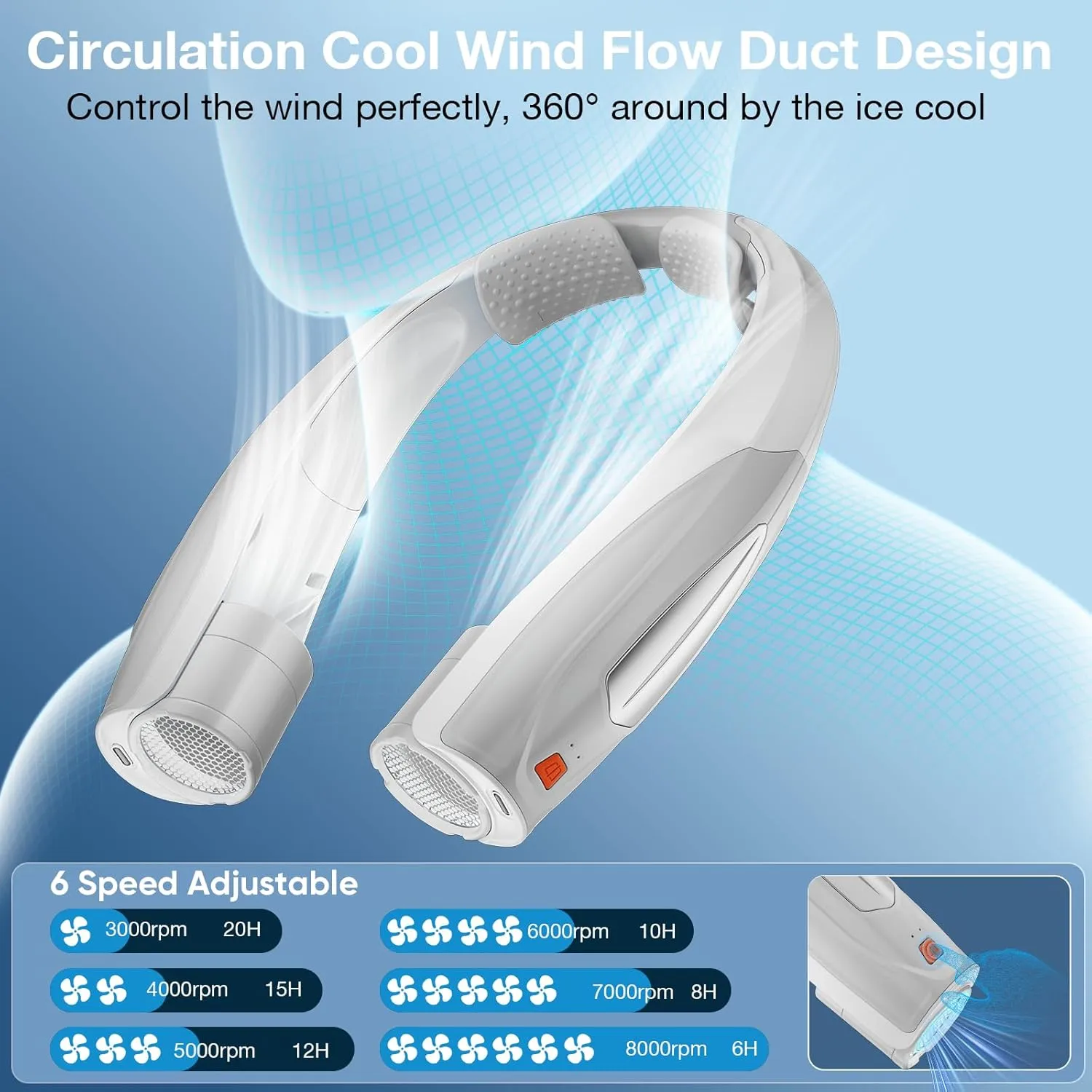 AI Neck Fan, 6 Speeds Adjustable Portable Personal Fan Rechargeable, 6000 mAh Battery Faster Cooling Wearable, Ultra Quiet for Home, Office, Travel, Outdoor