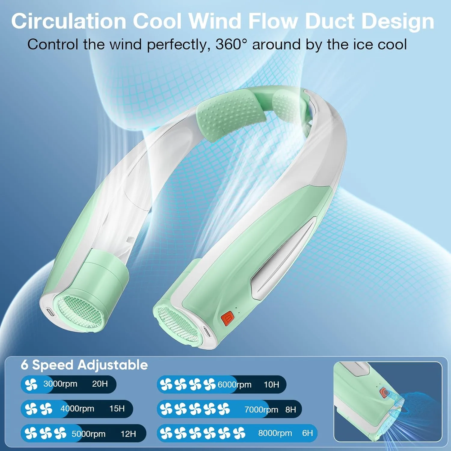 AI Neck Fan, 6 Speeds Adjustable Portable Personal Fan Rechargeable, 6000 mAh Battery Faster Cooling Wearable, Ultra Quiet for Home, Office, Travel, Outdoor