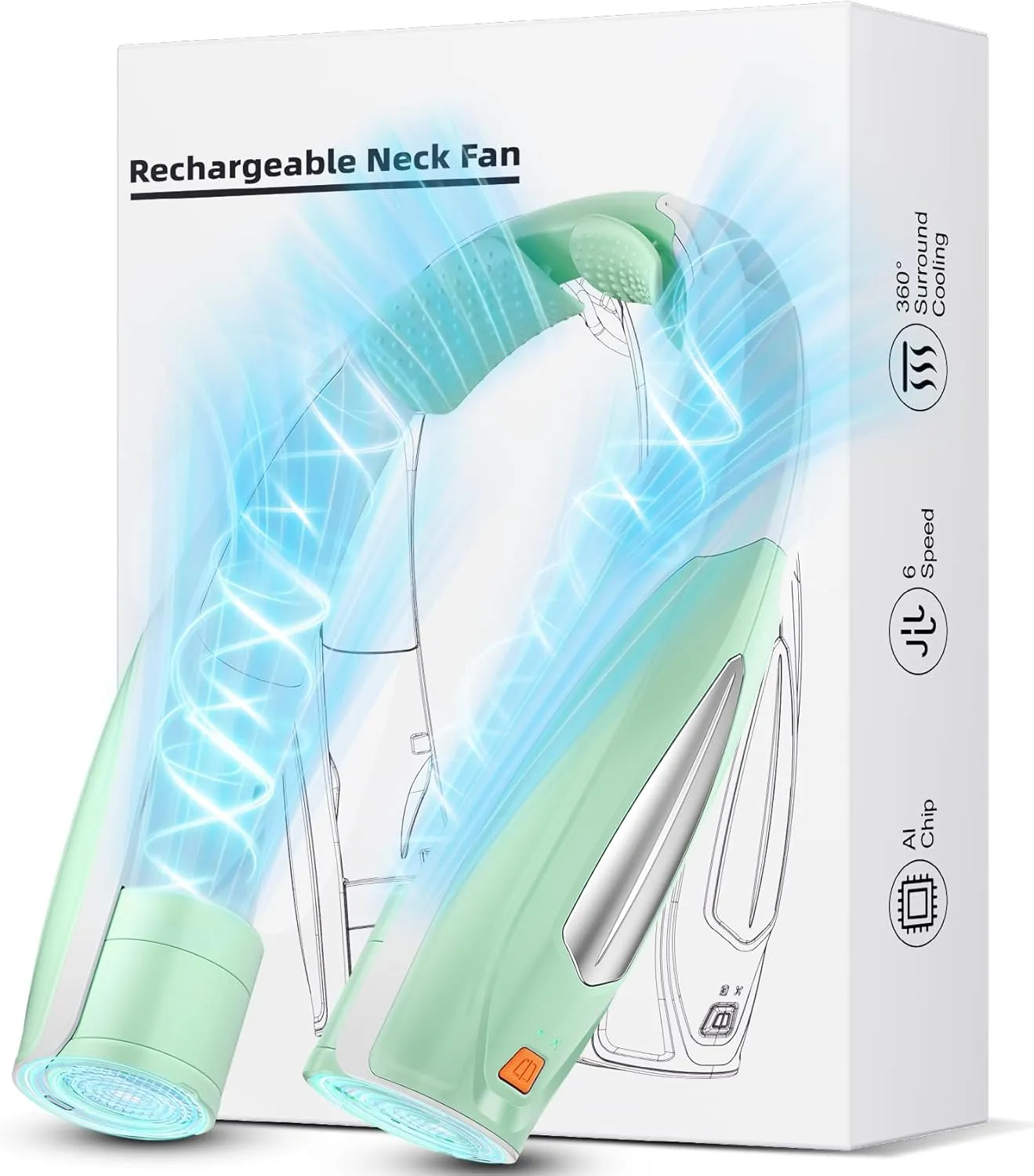 AI Neck Fan, 6 Speeds Adjustable Portable Personal Fan Rechargeable, 6000 mAh Battery Faster Cooling Wearable, Ultra Quiet for Home, Office, Travel, Outdoor Neck fan for hands-free comfort
