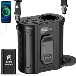 AI Portable Waist Fan With Spare Battery 5 Speeds Strong Airflow Belt Fan 26H Working Time Hands-Free Rechargeable Flashlight Personal Body For Outdoor Hiking Farms Camping Waist-mounted portable fan for outdoor use