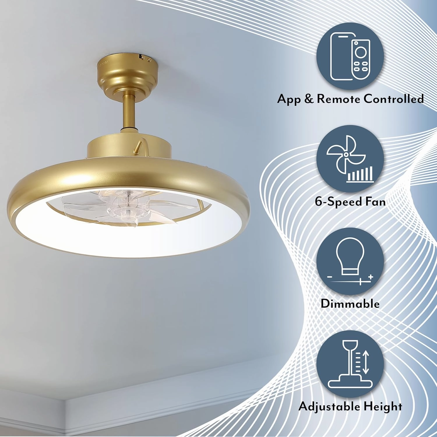 AIR8002A Loren 20" Modern Contemporary 6-Speed Metal Mobile-App/Remote-Controlled Dimmable Smart Integrated LED Ceiling Fan, Gold Painting for Living Room, Bedroom, Office