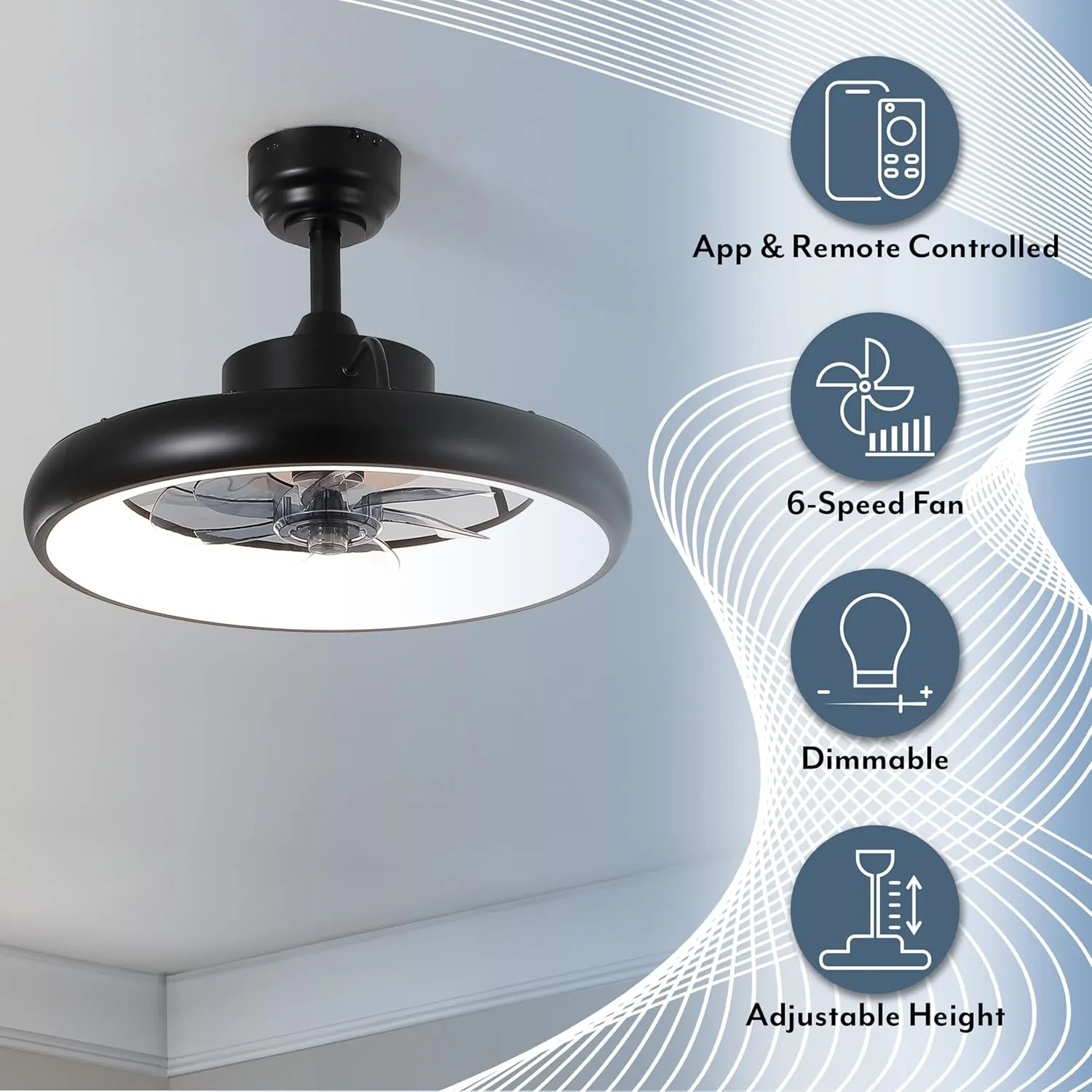 AIR8002B Loren 20" Modern Contemporary 6-Speed Metal Mobile-App/Remote-Controlled Dimmable Smart Integrated LED Ceiling Fan, Black for Living Room, Bedroom, Office