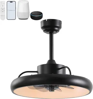 AIR8002B Loren 20" Modern Contemporary 6-Speed Metal Mobile-App/Remote-Controlled Dimmable Smart Integrated LED Ceiling Fan, Black for Living Room, Bedroom, Office App-controlled remote fan for convenience