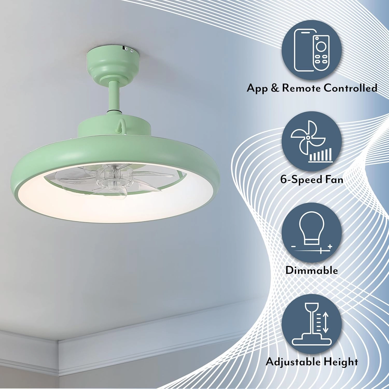 AIR8002C Loren 20" Modern Contemporary 6-Speed Metal Mobile-App/Remote-Controlled Dimmable Smart Integrated LED Ceiling Fan, Mint for Living Room, Bedroom, Office