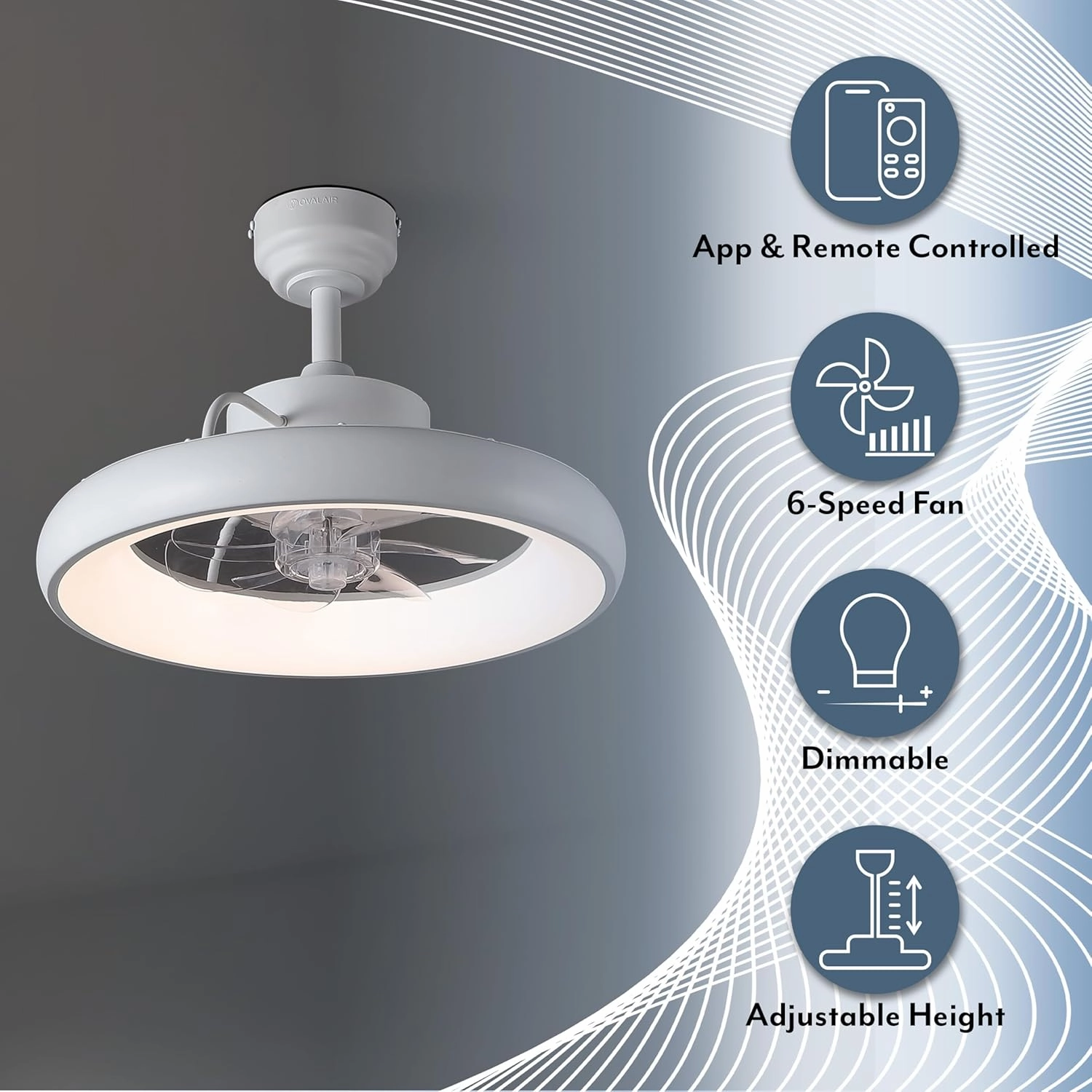AIR8002D Loren 20" Modern Contemporary 6-Speed Metal Mobile-App/Remote-Controlled Dimmable Smart Integrated LED Ceiling Fan, White for Living Room, Bedroom, Office