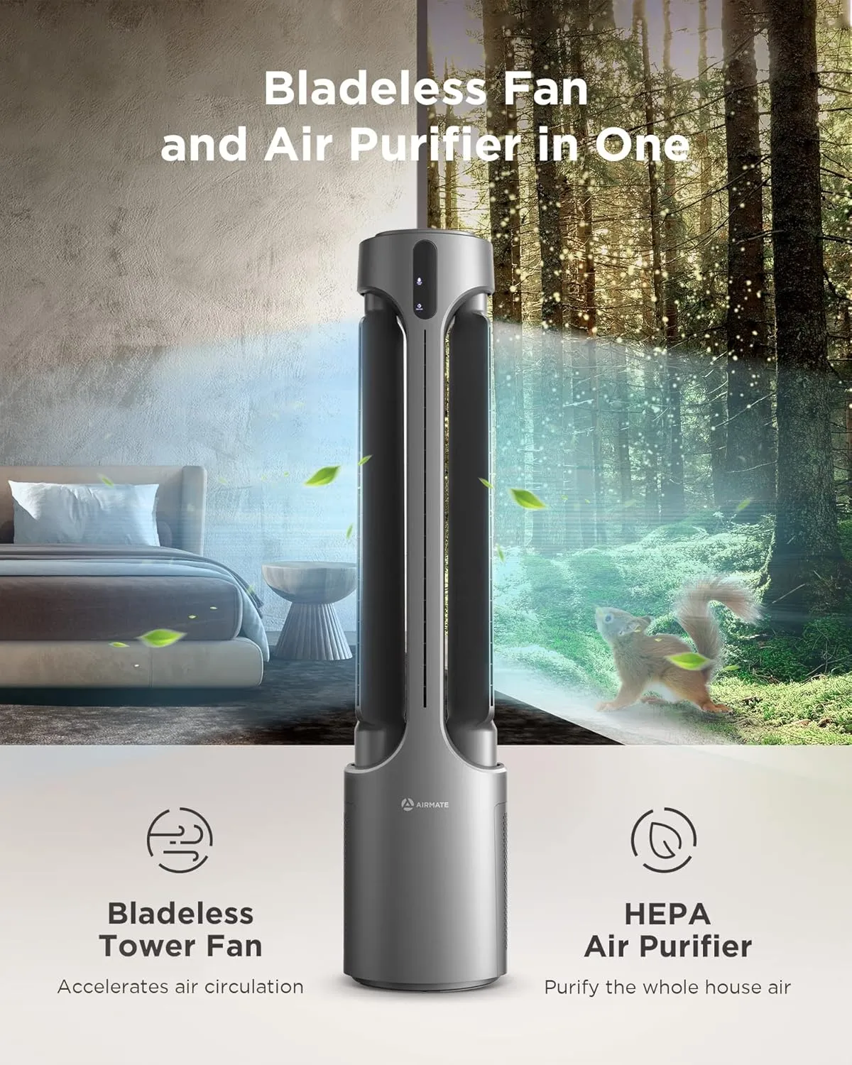 AIRMATE 45" Bladeless Tower Fan with Air Purifier, Remote Control, 15H Timer, Automatic Oscillating, Low Noise 24 Speeds Standing fan for Bedroom, Home, Office (Silver)