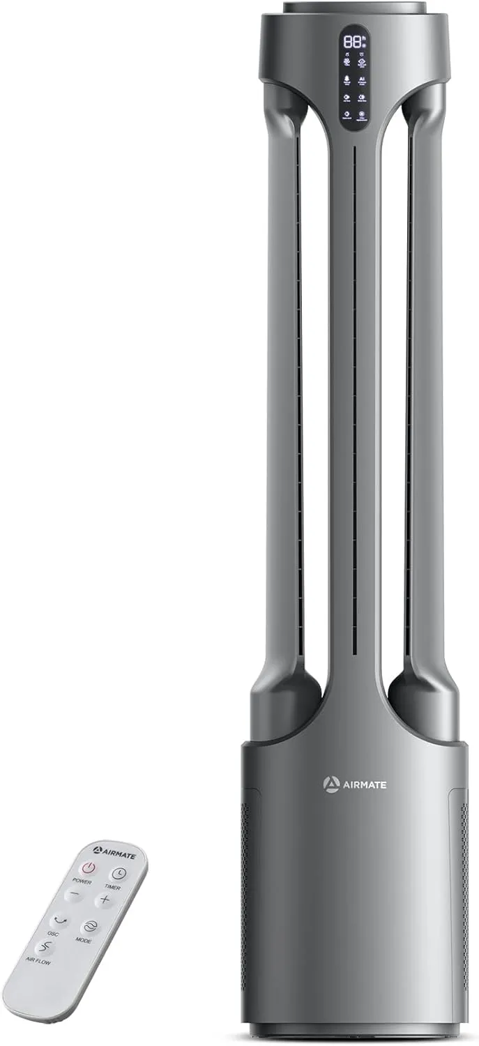 AIRMATE 45" Bladeless Tower Fan with Air Purifier, Remote Control, 15H Timer, Automatic Oscillating, Low Noise 24 Speeds Standing fan for Bedroom, Home, Office (Silver) Small bladeless fan for quiet cooling
