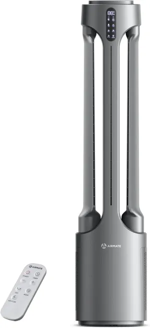 AIRMATE 45" Bladeless Tower Fan with Air Purifier, Remote Control, 15H Timer, Automatic Oscillating, Low Noise 24 Speeds Standing fan for Bedroom, Home, Office (Silver) Small bladeless fan for quiet cooling