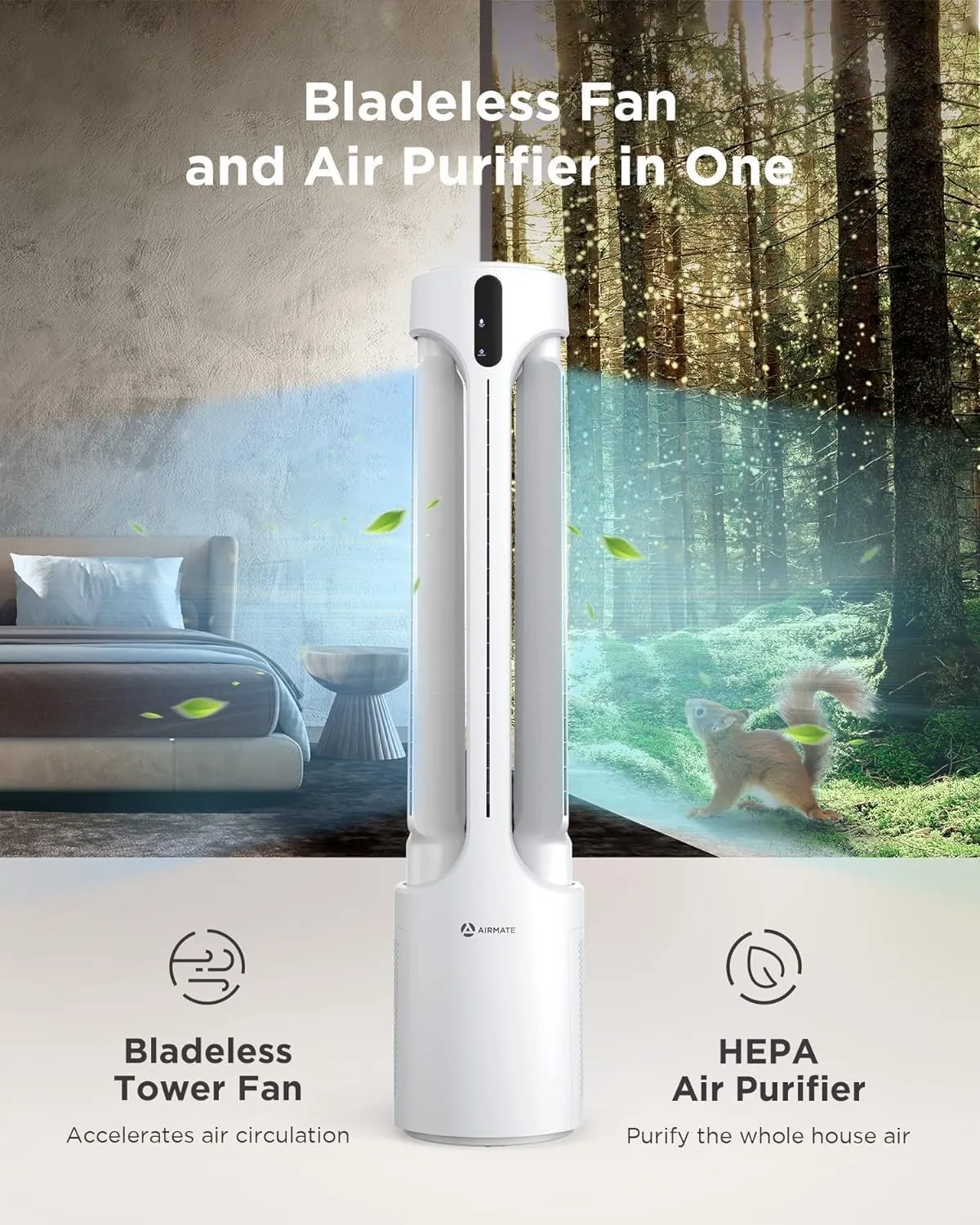 AIRMATE 45" Bladeless Tower Fan with Air Purifier, Remote Control, 15H Timer, Automatic Oscillating, Low Noise 24 Speeds Standing fan for Bedroom, Home, Office (White)