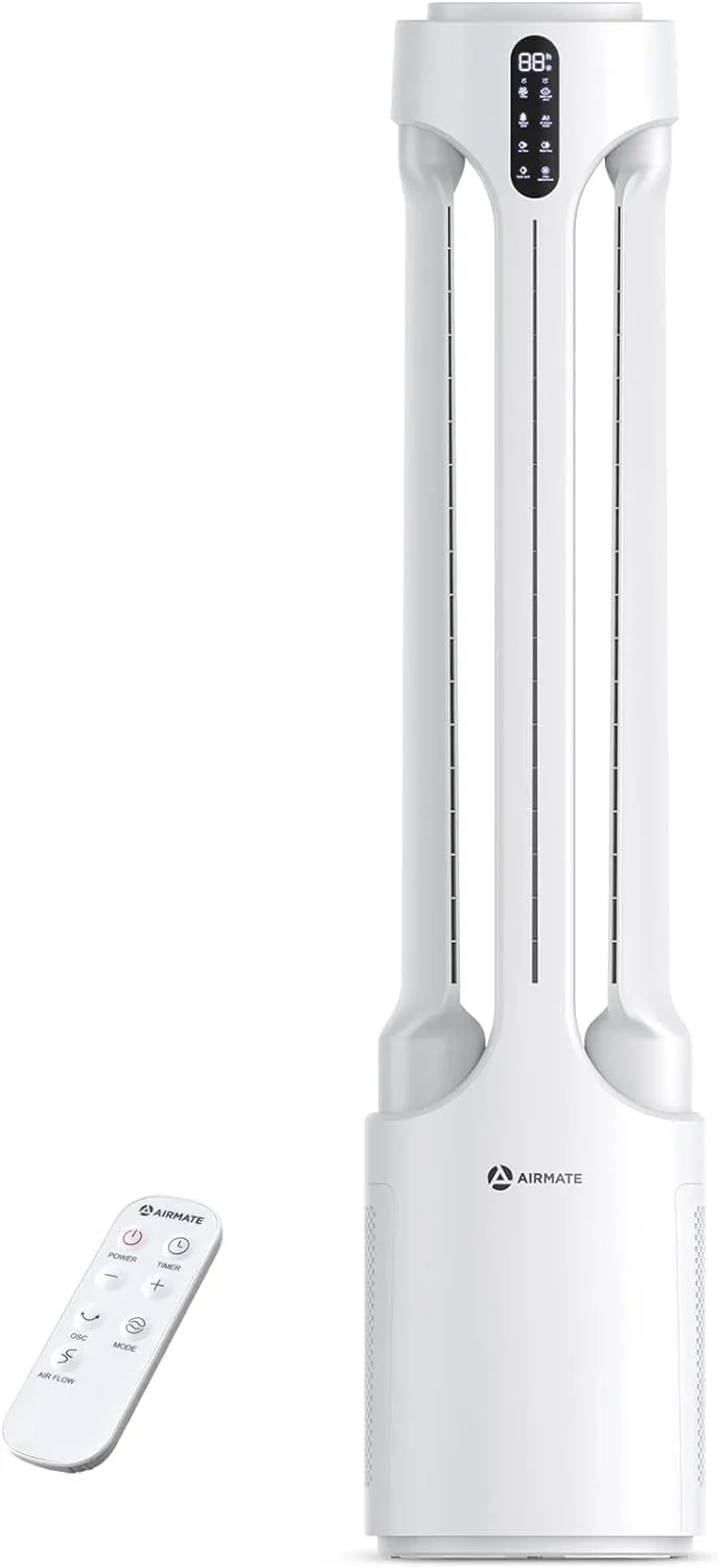 AIRMATE 45" Bladeless Tower Fan with Air Purifier, Remote Control, 15H Timer, Automatic Oscillating, Low Noise 24 Speeds Standing fan for Bedroom, Home, Office (White) Small bladeless fan for quiet cooling