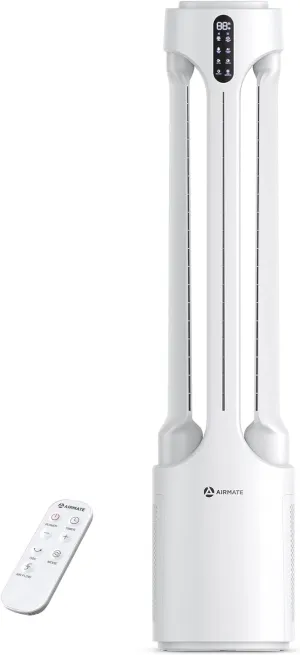 AIRMATE 45" Bladeless Tower Fan with Air Purifier, Remote Control, 15H Timer, Automatic Oscillating, Low Noise 24 Speeds Standing fan for Bedroom, Home, Office (White) Small bladeless fan for quiet cooling