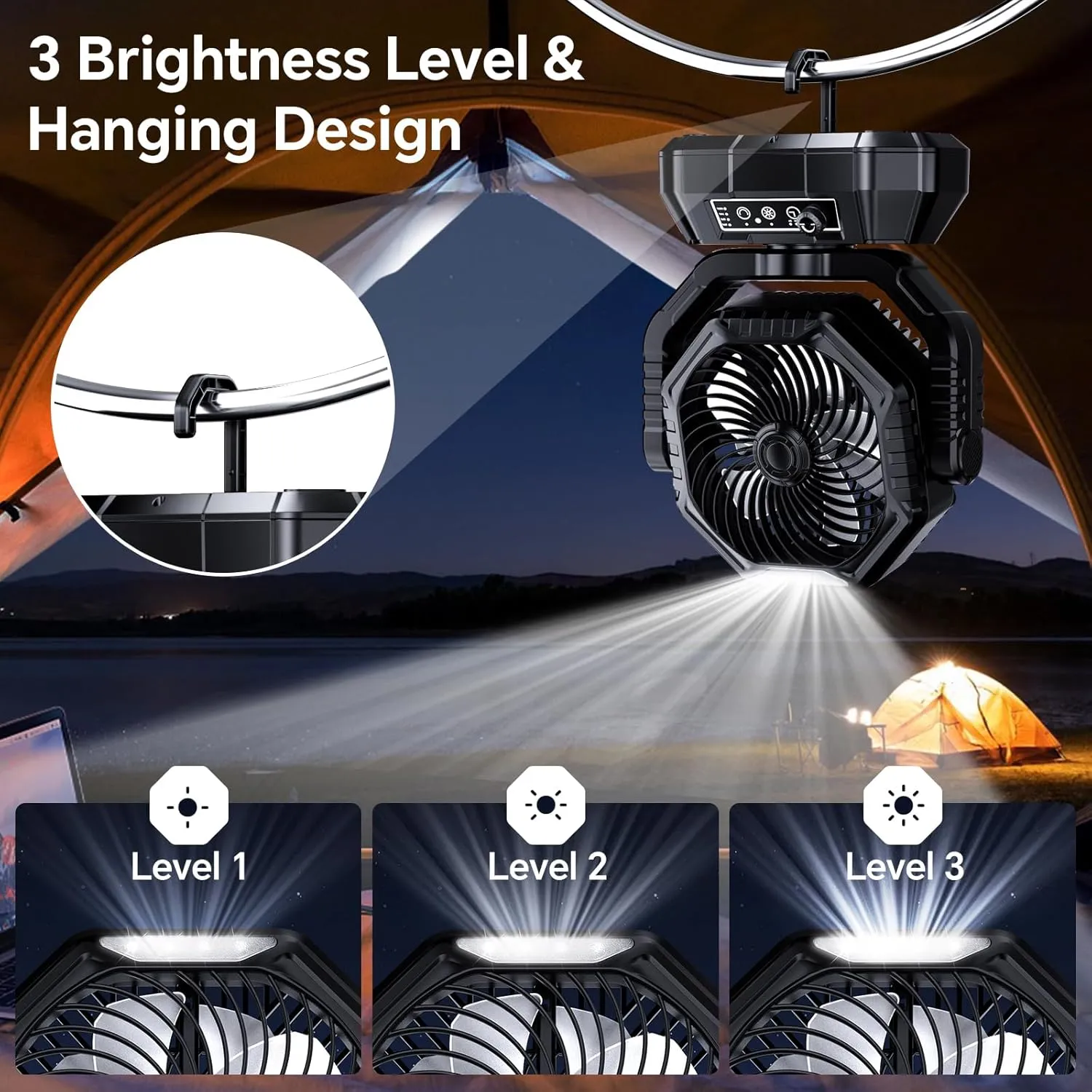 AJVV Camping Fan, 20000mAh Portable Rechargeable Battery Powered Fan with Stepless Wind Speed, Personal Desk USB with Light for Outdoor, Home, Tent, Fishing, Camping