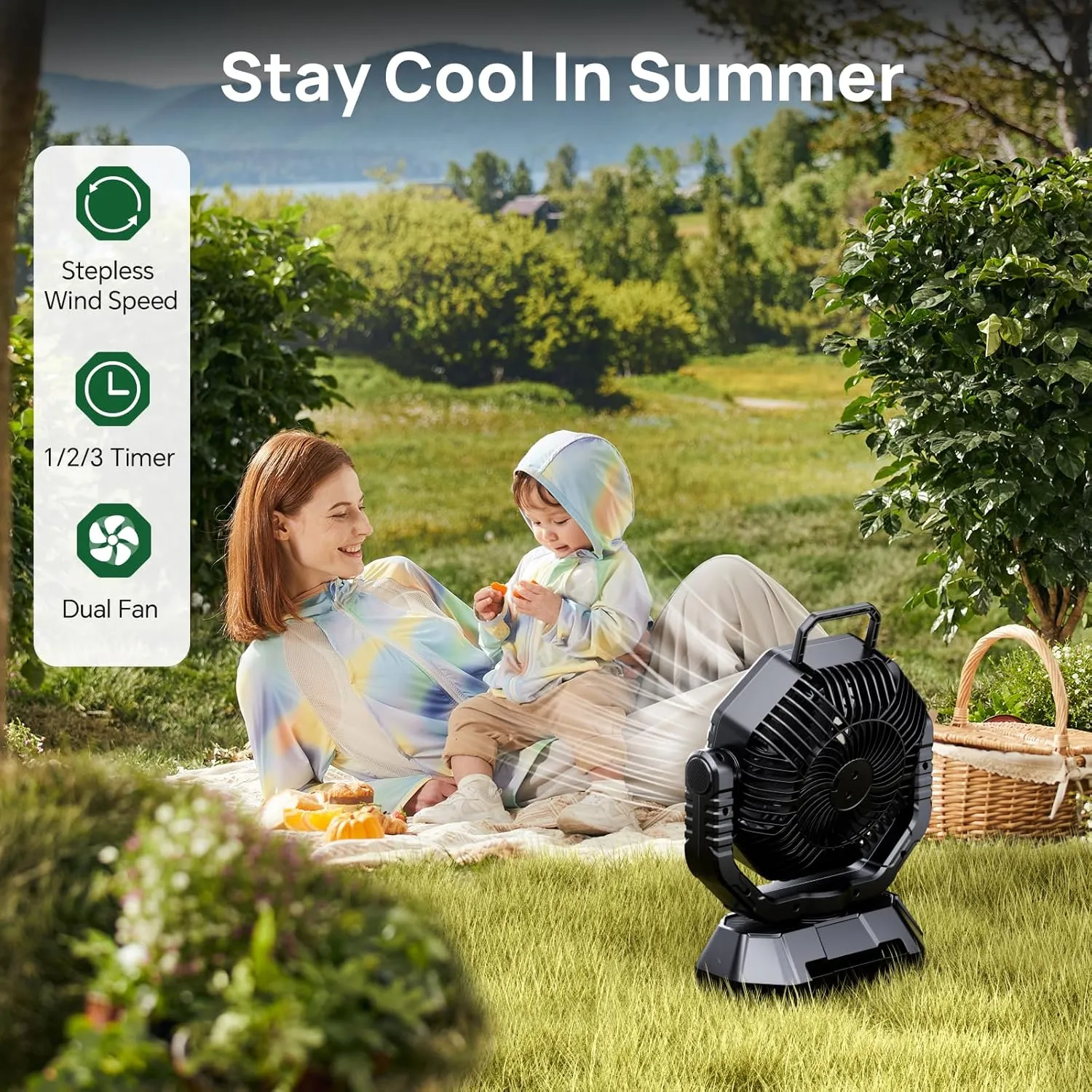 AJVV Camping Fan, 20000mAh Portable Rechargeable Battery Powered Fan with Stepless Wind Speed, Personal Desk USB with Light for Outdoor, Home, Tent, Fishing, Camping