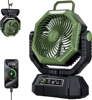 AJVV Camping Fan, 20000mAh Portable Rechargeable Battery Powered Fan with Stepless Wind Speed, Personal Desk USB with Light for Outdoor, Home, Tent, Fishing, Camping Battery-powered portable fan