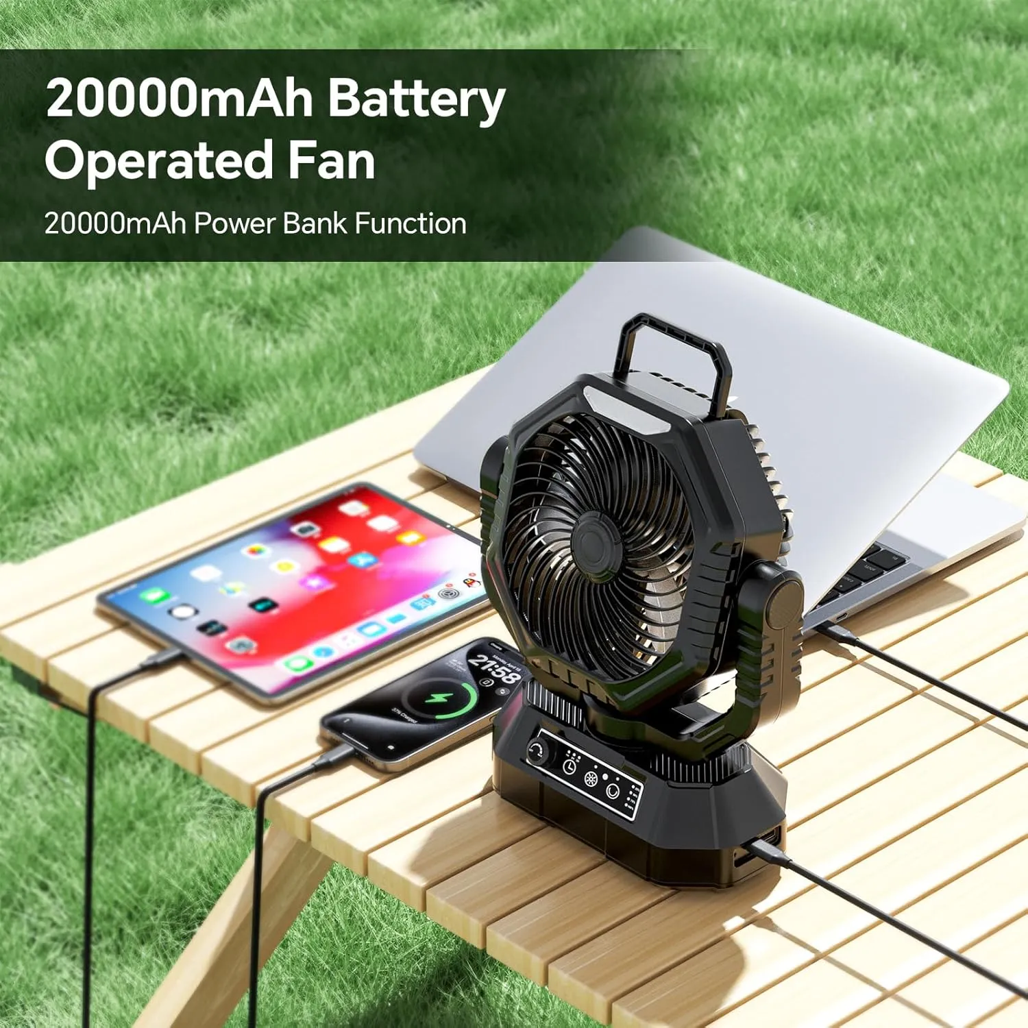 AJVV Camping Fan, 20000mAh Portable Rechargeable Battery Powered Fan with Stepless Wind Speed, Personal Desk USB with Light for Outdoor, Home, Tent, Fishing, Camping