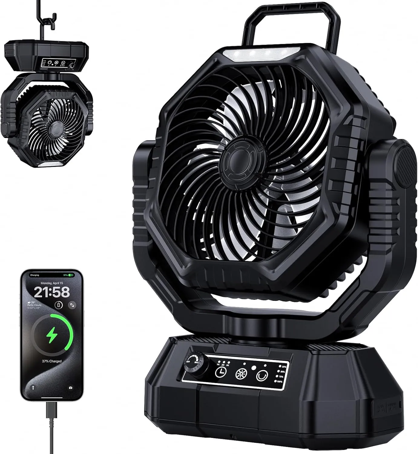 AJVV Camping Fan, 20000mAh Portable Rechargeable Battery Powered Fan with Stepless Wind Speed, Personal Desk USB with Light for Outdoor, Home, Tent, Fishing, Camping Battery-powered portable fan