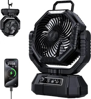 AJVV Camping Fan, 20000mAh Portable Rechargeable Battery Powered Fan with Stepless Wind Speed, Personal Desk USB with Light for Outdoor, Home, Tent, Fishing, Camping Battery-powered portable fan