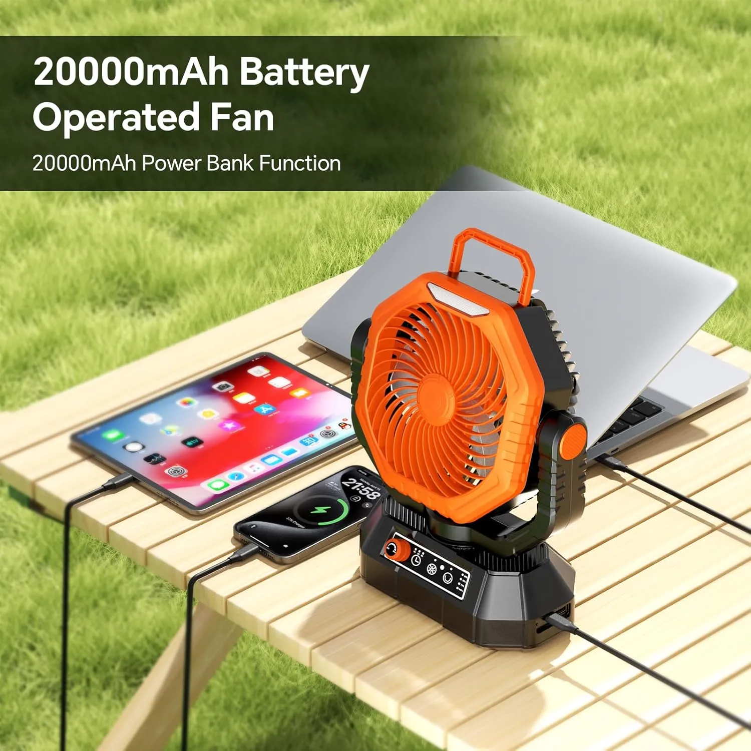 AJVV Camping Fan, Portable Fans Rechargeable 20000mAh Battery Powered with LED Light and Hook, 13 Speed 270Adjustable and Dual-Blade High Wind, Outdoor Fan for Indoor, Tent, Outdoor, Camping,Travel