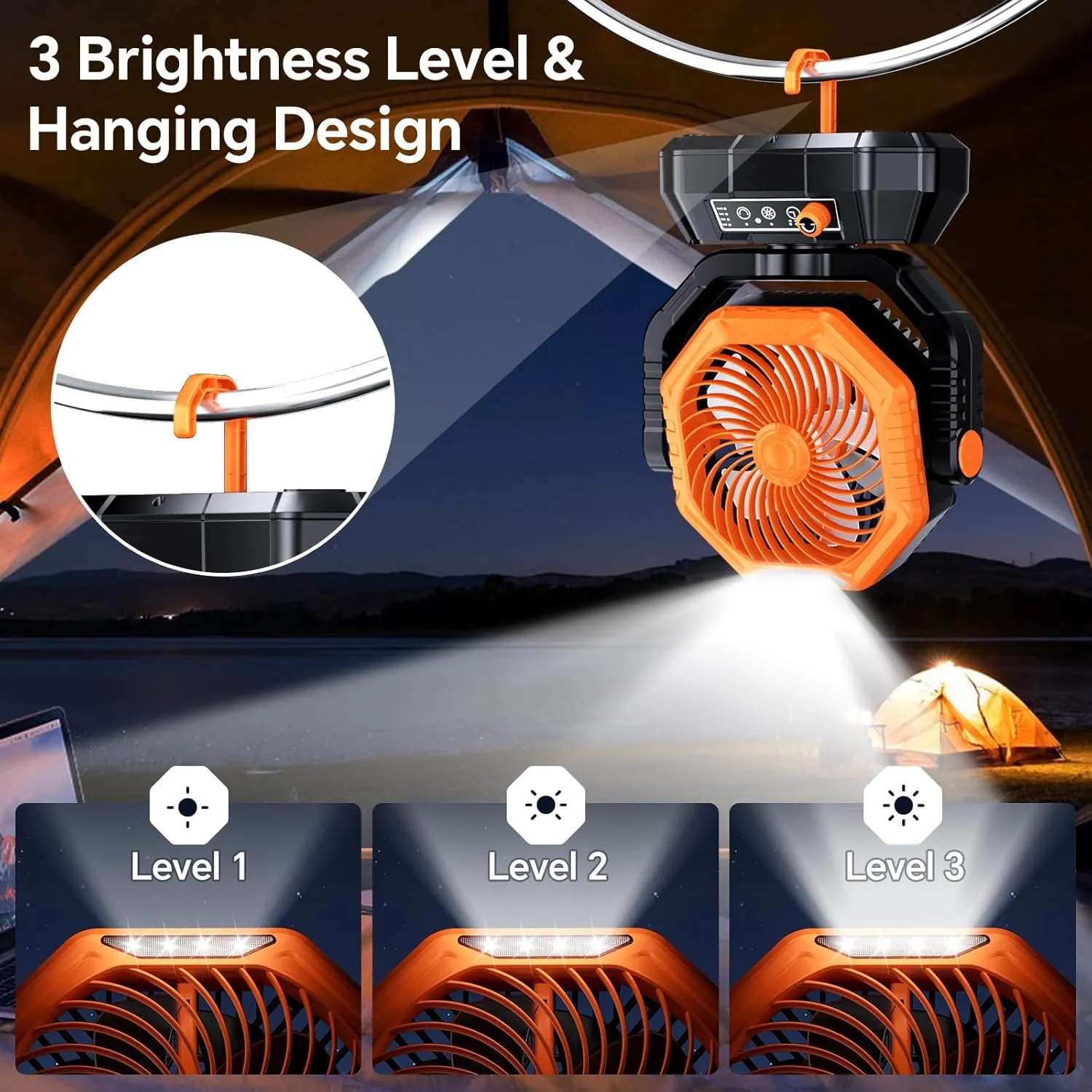 AJVV Camping Fan, Portable Fans Rechargeable 20000mAh Battery Powered with LED Light and Hook, 13 Speed 270Adjustable and Dual-Blade High Wind, Outdoor Fan for Indoor, Tent, Outdoor, Camping,Travel