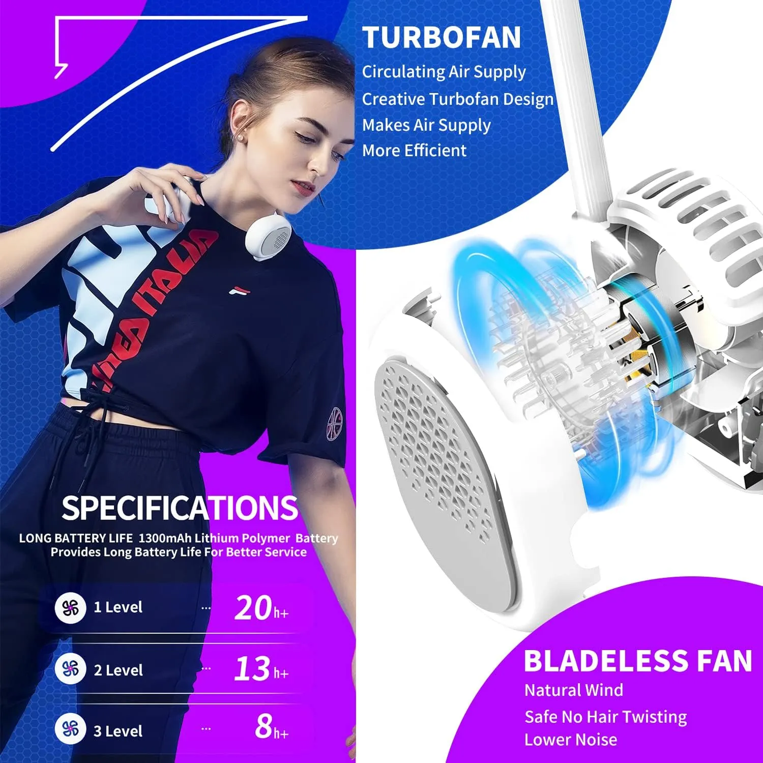 Alioth Portable Neck Fan - Hands Free, Bladeless, 360 Rotatable Battery Operated Wearable Personal Fan, 3 Speeds Cooling, Rechargeable, Leafless, Headphone Design, Mini USB Powered Desk Fan
