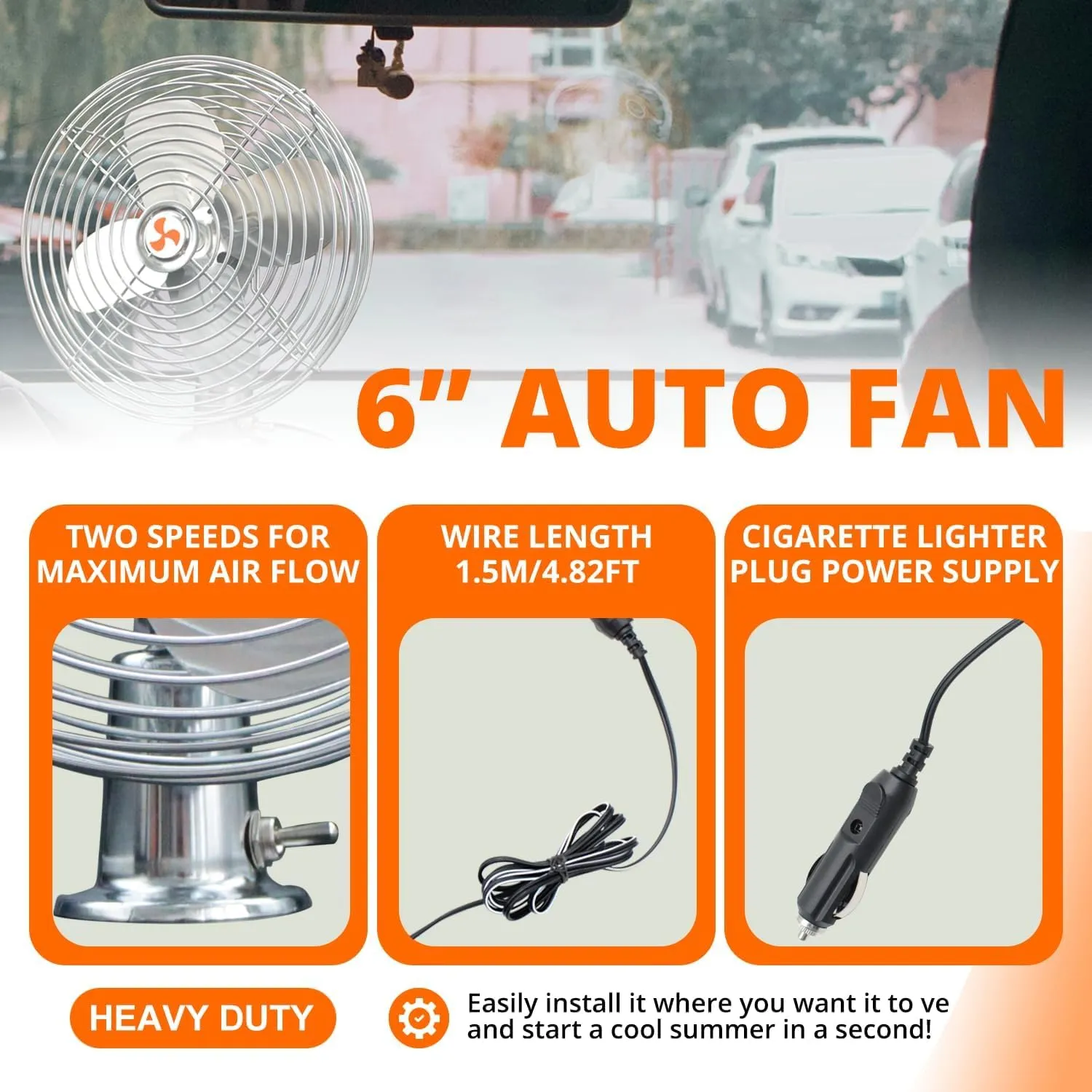 All-Metal Silver 6 "12V RV Car Truck Fan,Three-Way Switch, Cord Length 6FT,12 Volt RV Fan Screw Mounted in Auto Truck,RV, Camper, Trailer, Car, Buses and Boats
