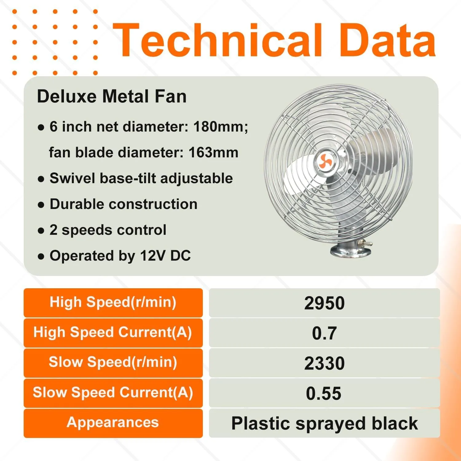 All-Metal Silver 6 "12V RV Car Truck Fan,Three-Way Switch, Cord Length 6FT,12 Volt RV Fan Screw Mounted in Auto Truck,RV, Camper, Trailer, Car, Buses and Boats