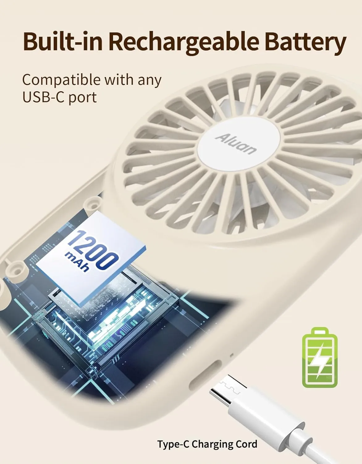 Aluan Handheld Fan Mini Powerful Small Personal Fan Portable Speed Adjustable USB Rechargeable Cooling for Kids Girls Woman Home Office Outdoor Travel, Beige