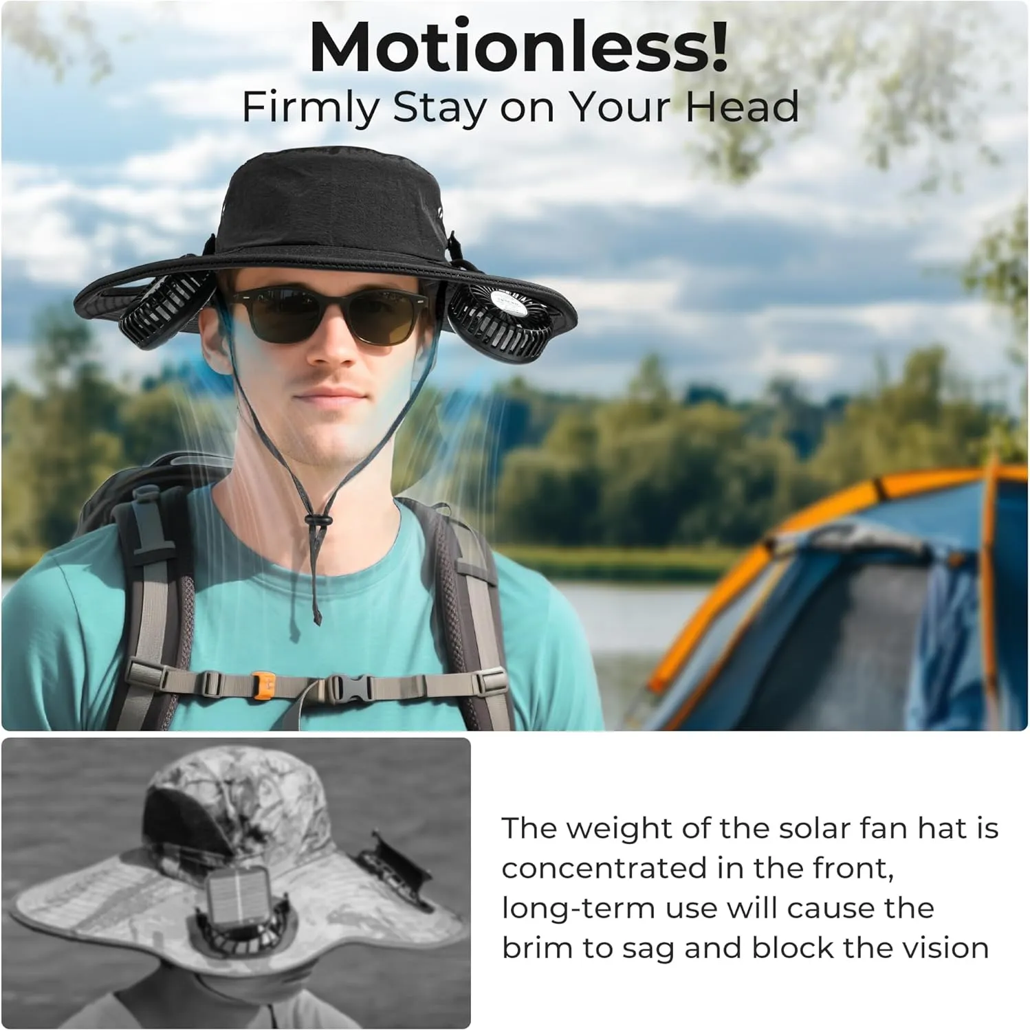 AMACOOL 2-in-1 Hands-Free Hat Fan with Detachable Neck Fan, UPF 50  Wide Brim Sun Hat, 3-Speed Adjustable, 2600mAh Rechargeable for Outdoor Fishing Camping Beach Travel-Black